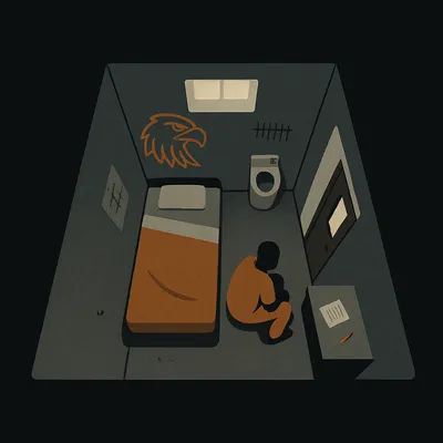 Solitary cell with narrow window, eagle graffiti, bed with orange blanket, seated figure on floor, desk paper, and toilet.