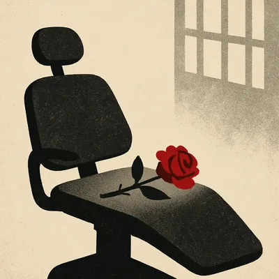 Red rose lying on dental hygienist's chair
