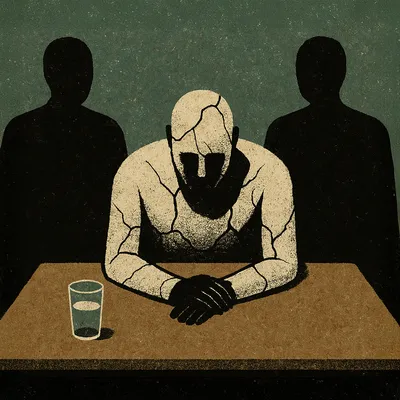 Cracked stone figure slumped at interrogation table with two shadowy agents standing nearby
