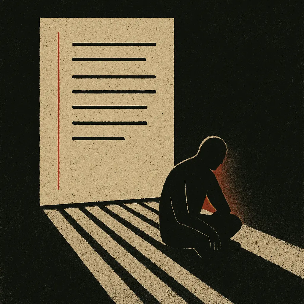 Seated figure in shadow with barred lines of light cast by large official document above