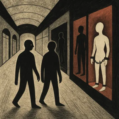 Two faceless figures walking through empty mall corridor with shackled mannequins in display windows
