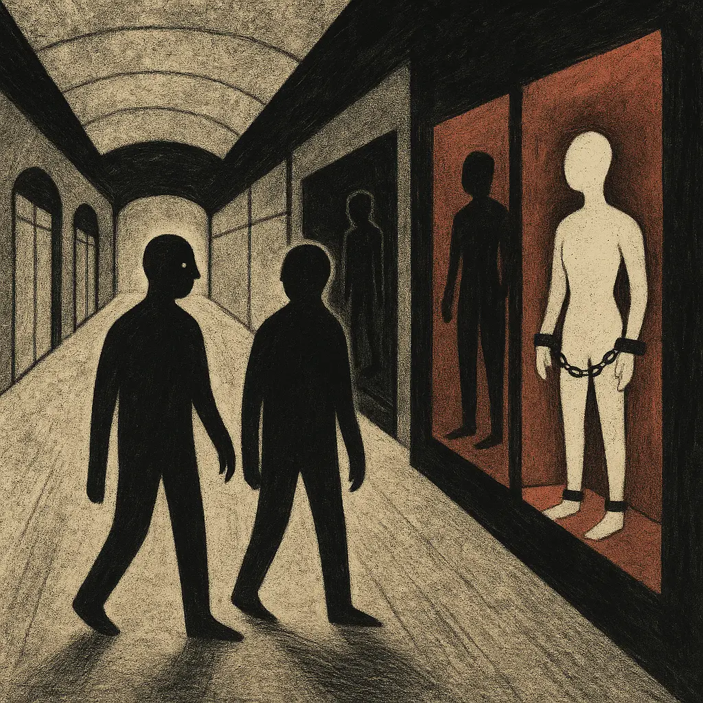 Two faceless figures walking through empty mall corridor with shackled mannequins in display windows