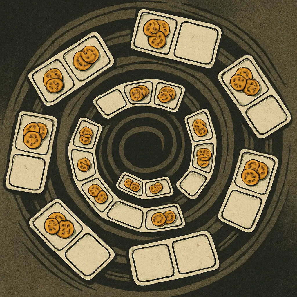 Spiral of beige cafeteria trays with orange tomato slices, set against dark concentric rings on a textured background.