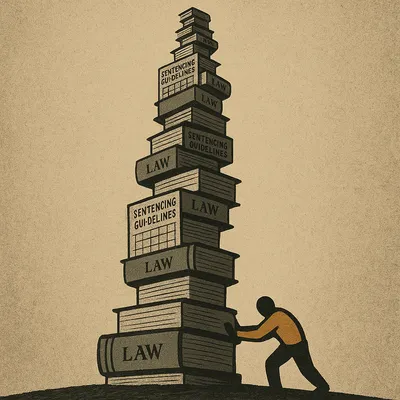 Towering spiral of legal books labeled "LAW" and "Sentencing Guidelines" with faceless figure pushing at base

