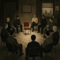 Faceless men seated in a counseling circle around an empty red chair in a dim therapy room at AIM Counseling.