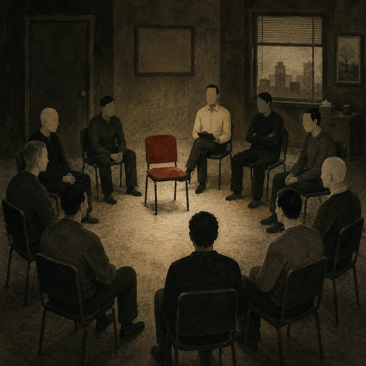 Faceless men seated in a counseling circle around an empty red chair in a dim therapy room at AIM Counseling.