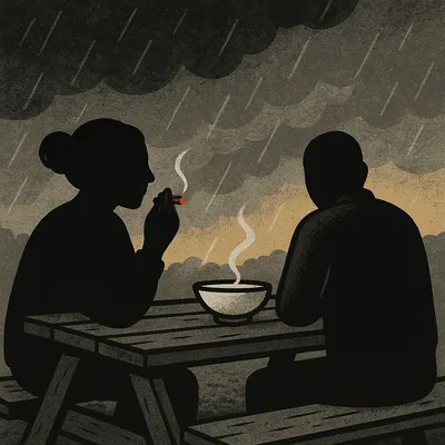Two people sitting at wet picnic table with bowl of food, one smoking
