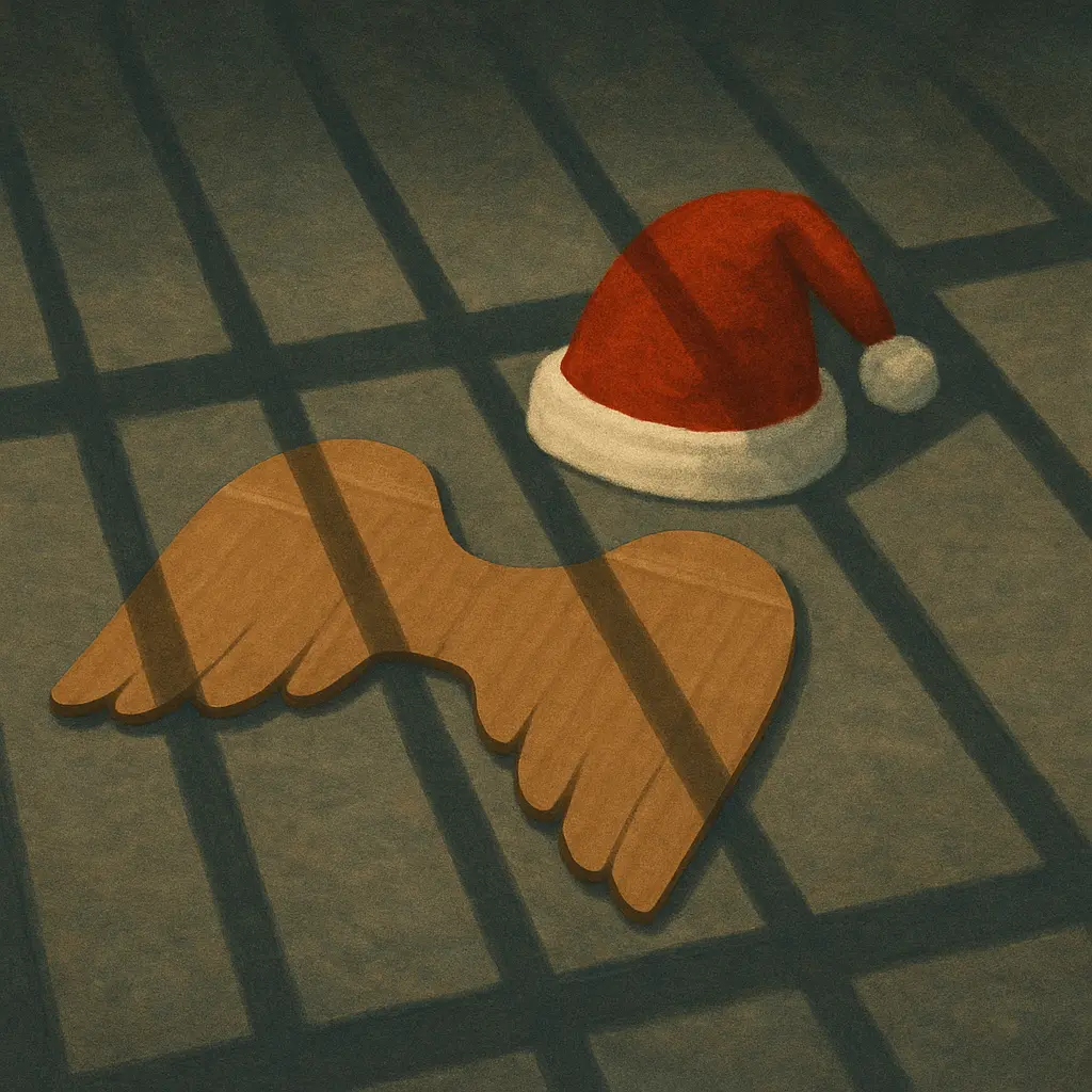 Cardboard angel wings and a red Santa hat on a concrete floor, crossed by shadows resembling prison bars.