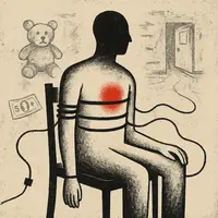 Figure strapped to polygraph chair with sketches of teddy bear, five-dollar bill, and door nearby
