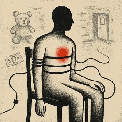Figure strapped to polygraph chair with sketches of teddy bear, five-dollar bill, and door nearby
