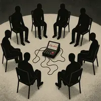 Eight figures seated in circle around polygraph machine with red warning signals