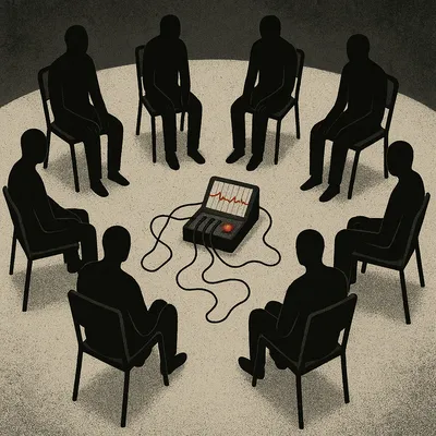 Eight figures seated in circle around polygraph machine with red warning signals

