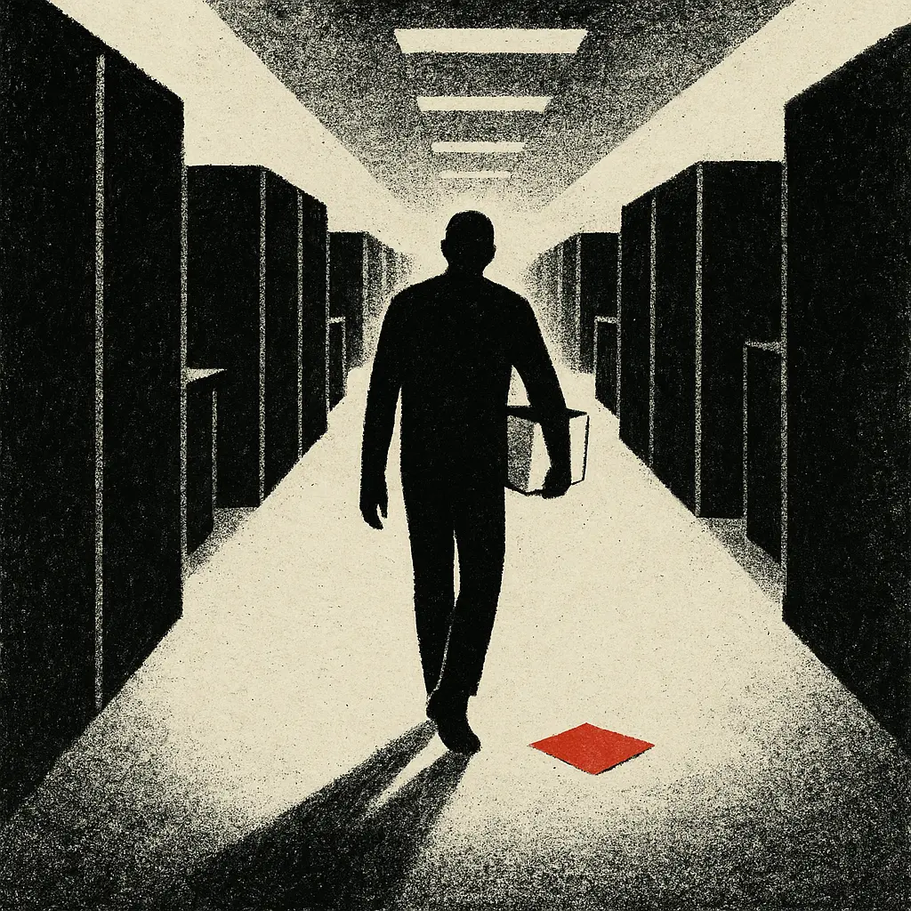 Employee walking through office cubicles holding box of personal items with red folder falling