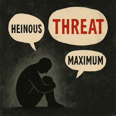 Solitary figure in darkness surrounded by speech bubbles labeled "HEINOUS," "THREAT," and "MAXIMUM"
