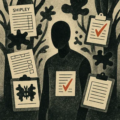 Faceless figure standing among psychological test forms and inkblots
