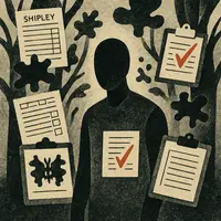 Faceless figure standing among psychological test forms and inkblots