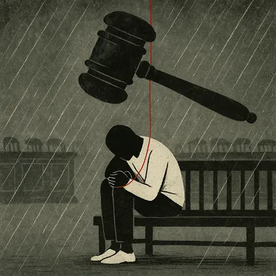 Faceless figure seated on courtroom bench with massive gavel suspended by red thread above