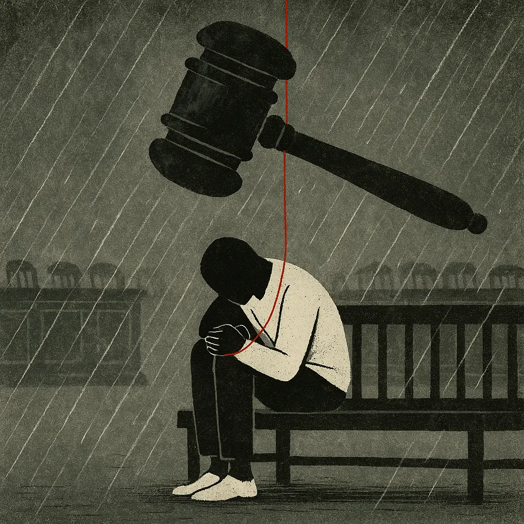 Faceless figure seated on courtroom bench with massive gavel suspended by red thread above