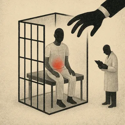 Prisoner in transparent cell with red glow in abdomen, large gloved hand reaching from above
