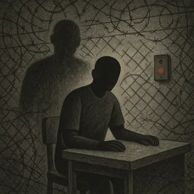Faceless inmate hunched over table beneath barbed wire with red emergency button, dark silhouette casting shadow

