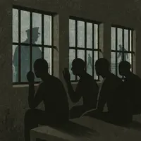 Inmates looking through barred windows in prison dorm