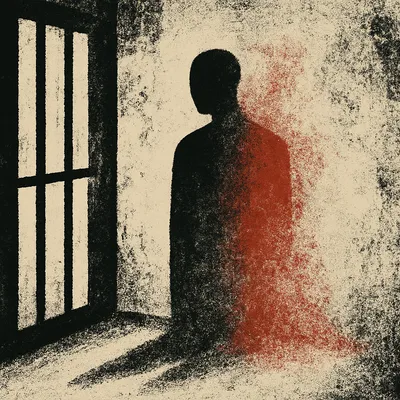 Faceless inmate figure fading into prison wall with red silhouette

