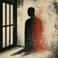 Faceless inmate figure fading into prison wall with red silhouette