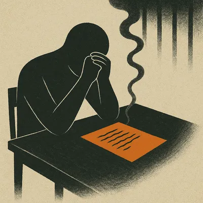 Faceless figure reading orange letter at table with prison bar shadows overhead
