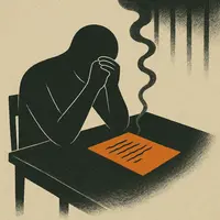 Faceless figure reading orange letter at table with prison bar shadows overhead