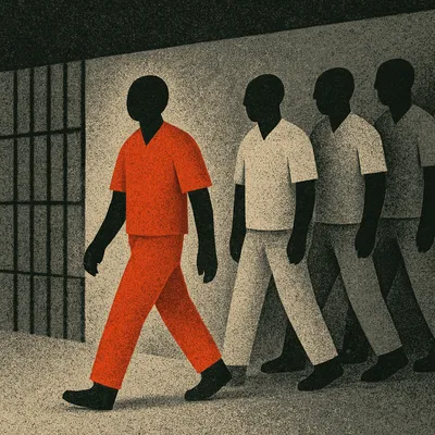Faceless inmate in red-orange uniform walks among others in beige uniforms
