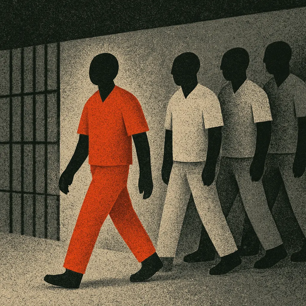 Faceless inmate in red-orange uniform walks among others in beige uniforms
