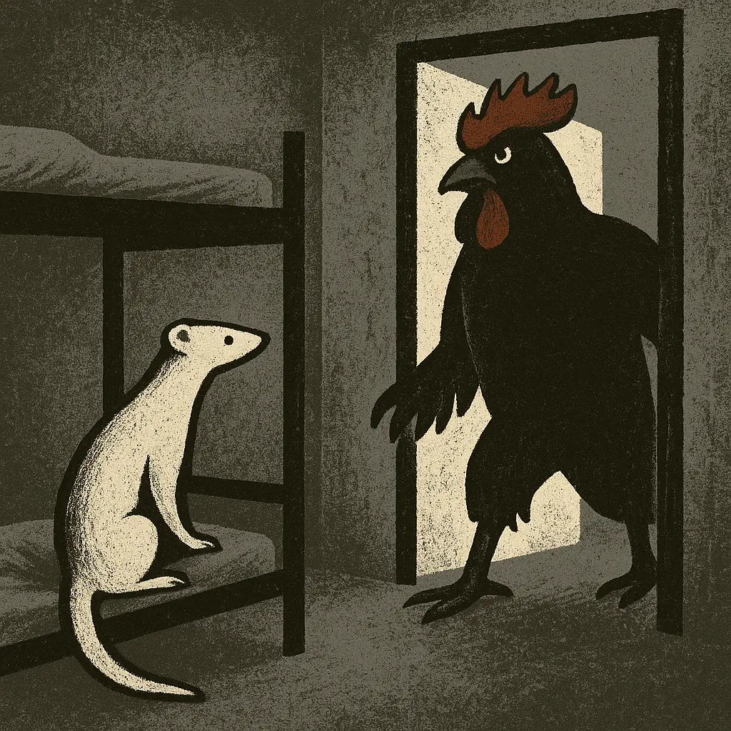Weasel sitting on prison bunk as rooster enters cell