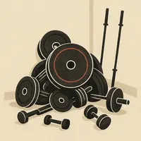 Pile of weight plates, barbells, and dumbbells stacked in a gym corner with cracked floor and muted red accents.