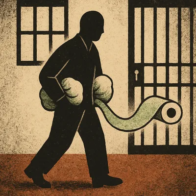 Inmate with bulging coat pockets and toilet paper trail streaming behind
