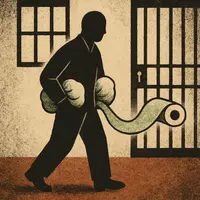 Inmate with bulging coat pockets and toilet paper trail streaming behind