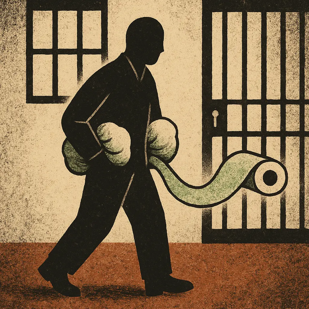Inmate with bulging coat pockets and toilet paper trail streaming behind
