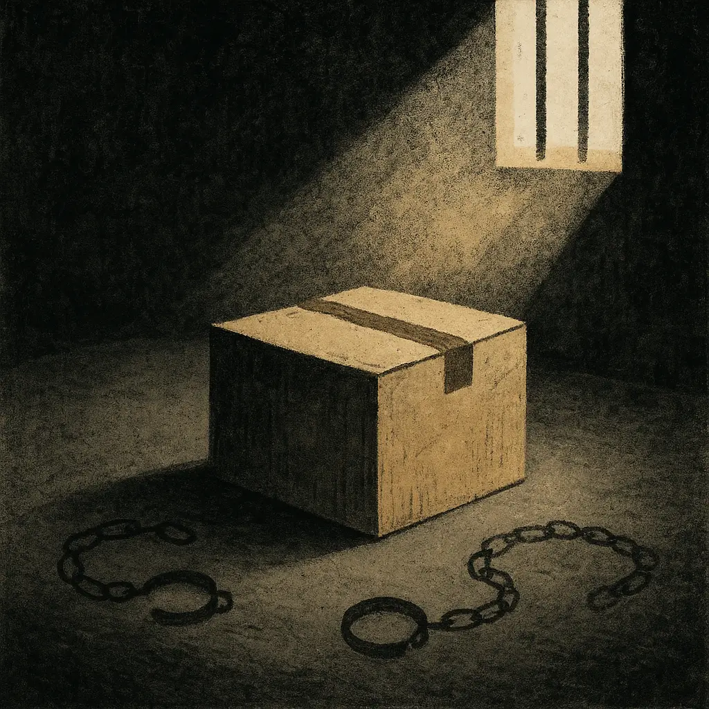 Cardboard box under barred window with chains on the floor, sunlight casting shadows across a dark room