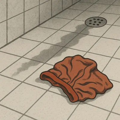 Red-orange shorts crumpled on a tiled bathroom floor beside a dark wet streak leading toward a drain.