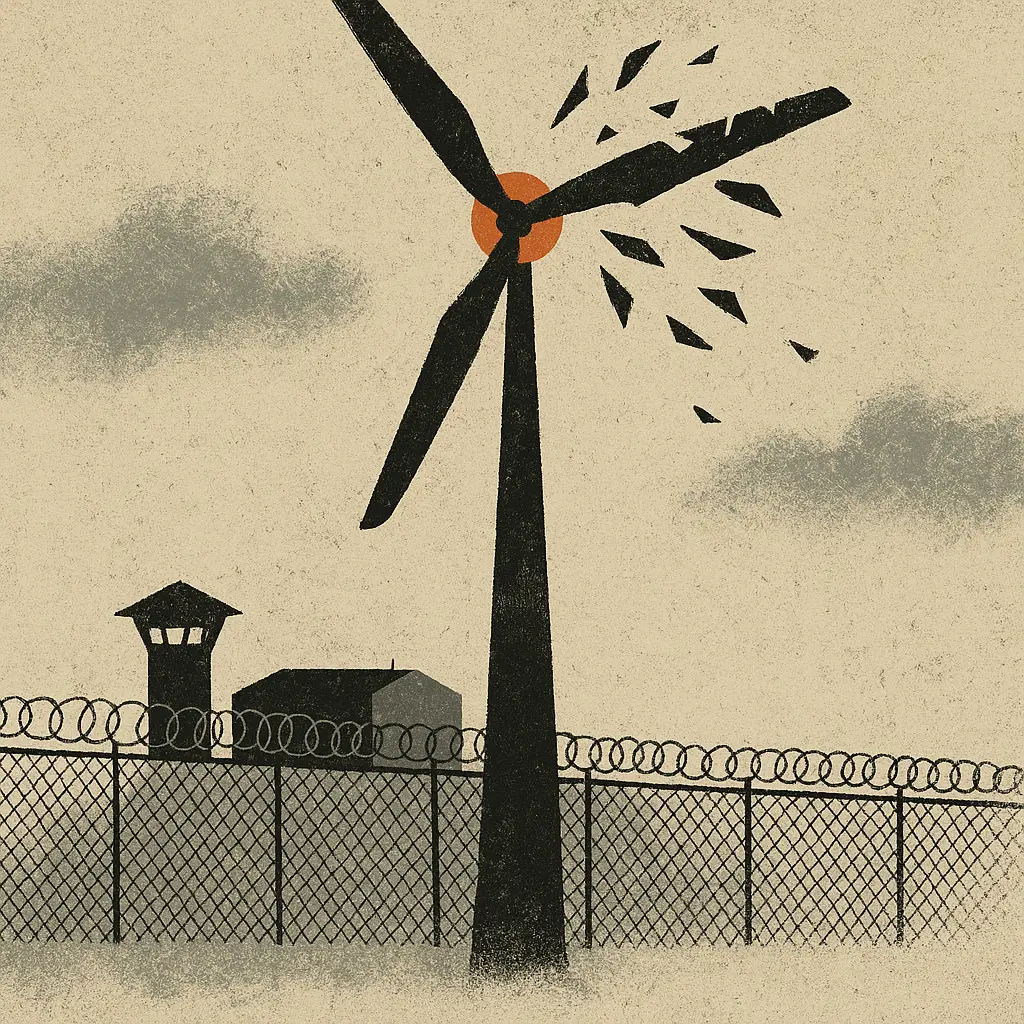 A wind turbine with one blade shattering above a fenced prison compound with guard tower and building in background