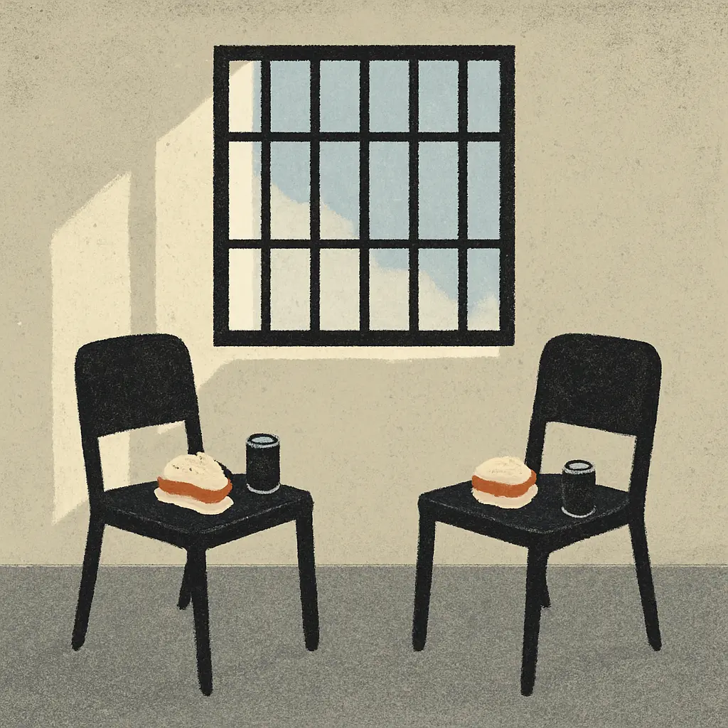 Two chairs facing forward, each holding a sandwich and soda can, in front of a barred window casting light and shadow.