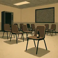 Brown plastic chairs in a prison visiting room with a single soda bottle on one chair near a barred window and a vending machine.
