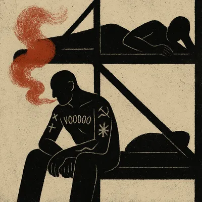 Prison cell with bunk beds, inmate smoking with VOODOO tattoo on chest
