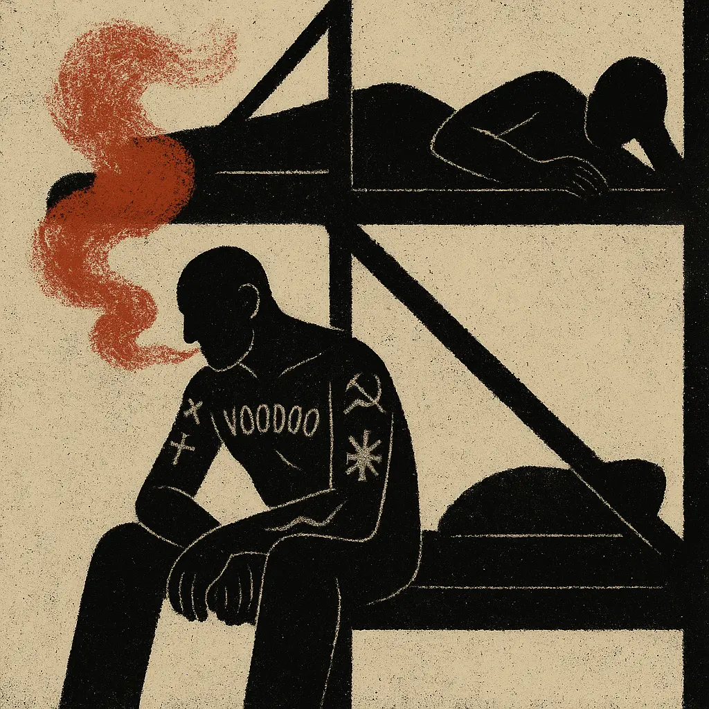 Prison cell with bunk beds, inmate smoking with VOODOO tattoo on chest