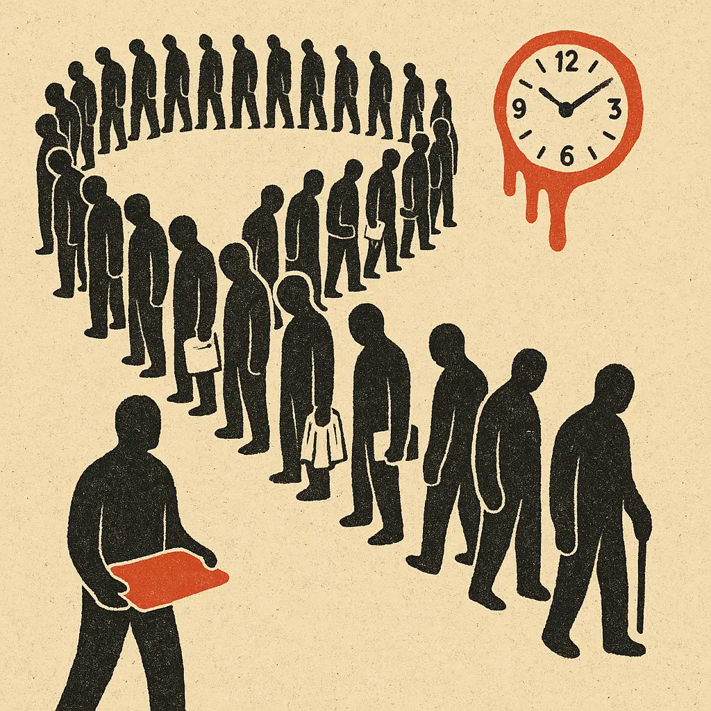 Prisoners standing in long line with melting clock visible