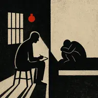 Two silhouetted figures in adjacent rooms divided by a black line, one sitting on a stool writing, the other curled up on a bed under a red light.
