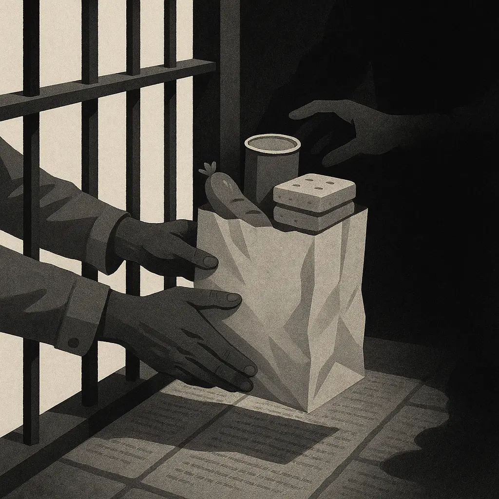Prisoner hands a crumpled paper bag of commissary items through cell bars toward a shadowy reaching figure on the other side.