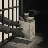 Prisoner hands a crumpled paper bag of commissary items through cell bars toward a shadowy reaching figure on the other side.
